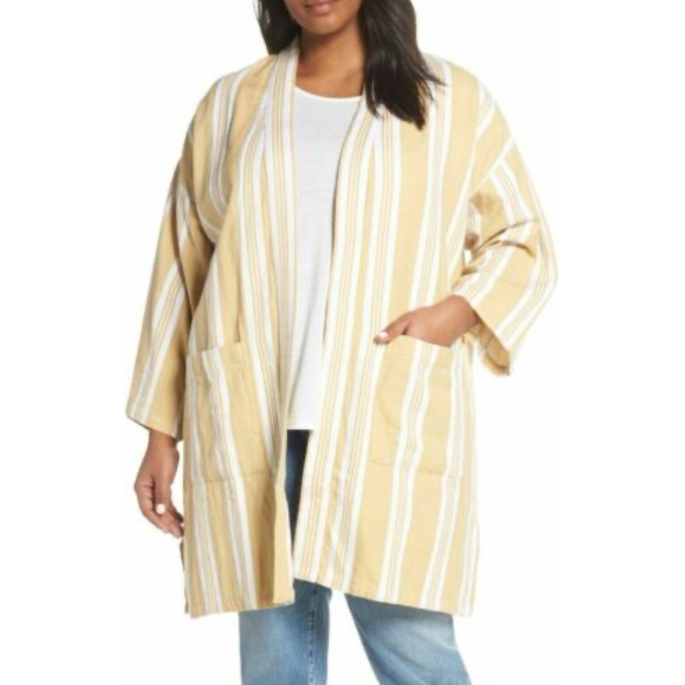 Eileen Fisher Yellow Organic Cotton‎ Gauze Kimono Striped Coat Jacket Sz L/ XL